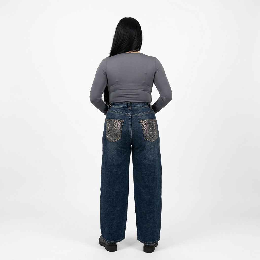 Jeans wide leg con tasche brillanti