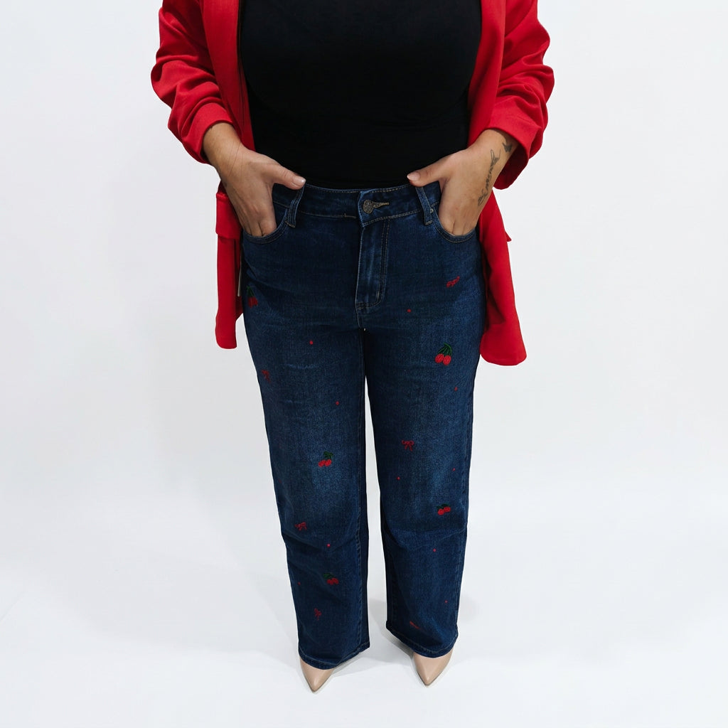 Jeans wide leg con ricamo ciliegie