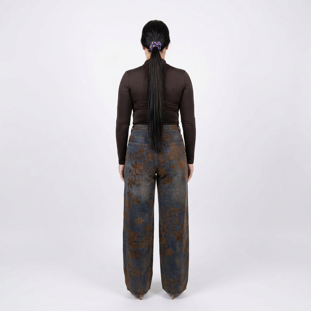 Jeans wide leg con fiori in velluto
