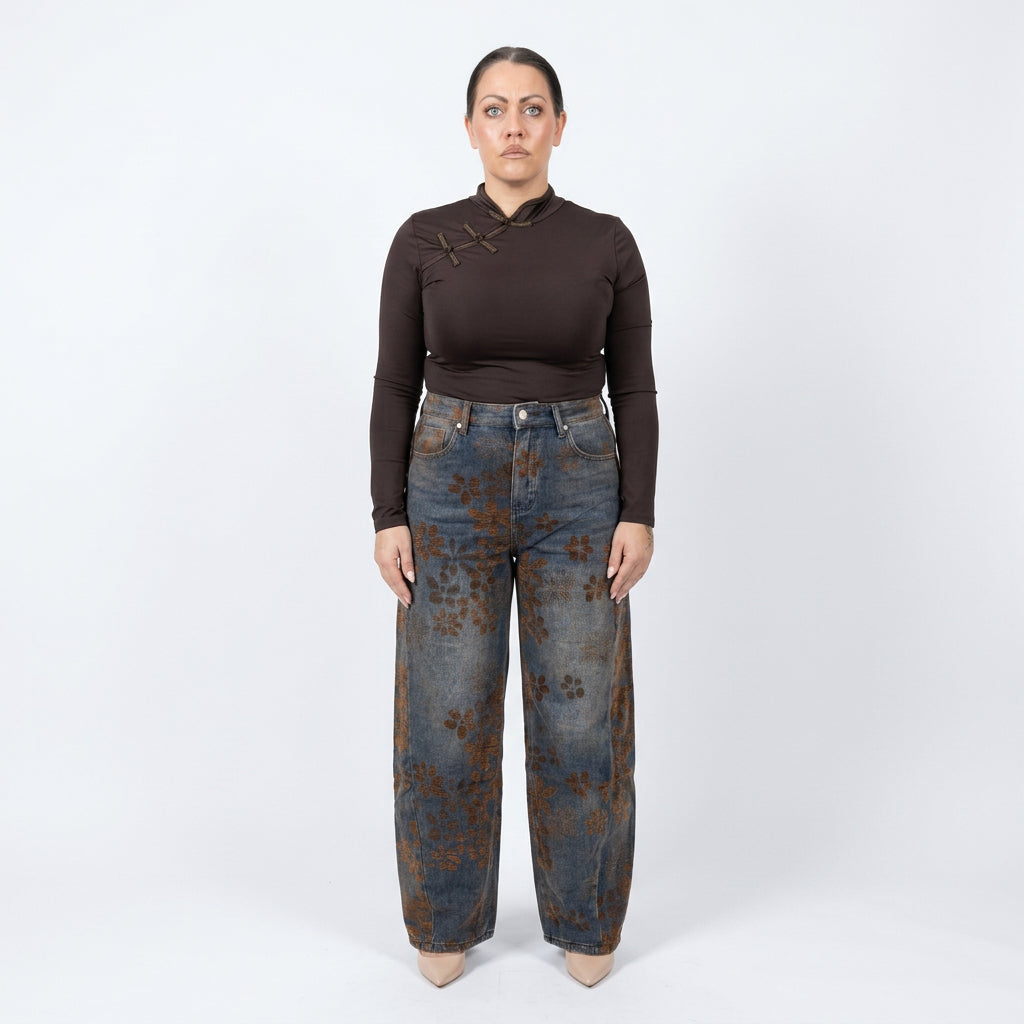 Jeans wide leg con fiori in velluto