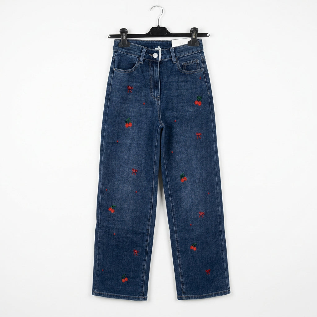 Jeans wide leg con ricamo ciliegie