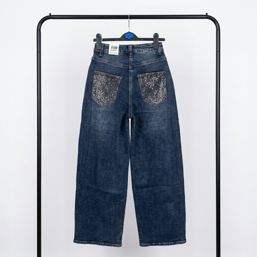 Jeans wide leg con tasche brillanti