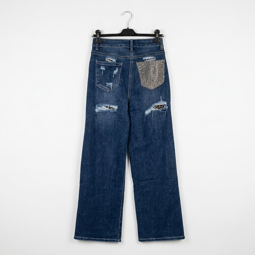Jeans wide leg con tasca leopardata