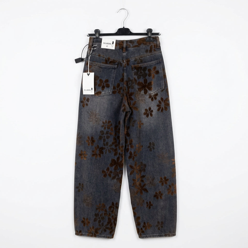 Jeans wide leg con fiori in velluto