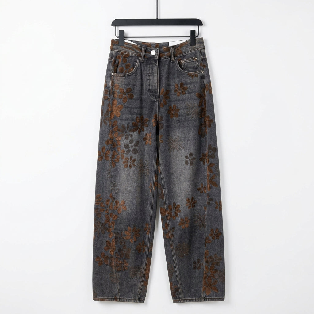 Jeans wide leg con fiori in velluto