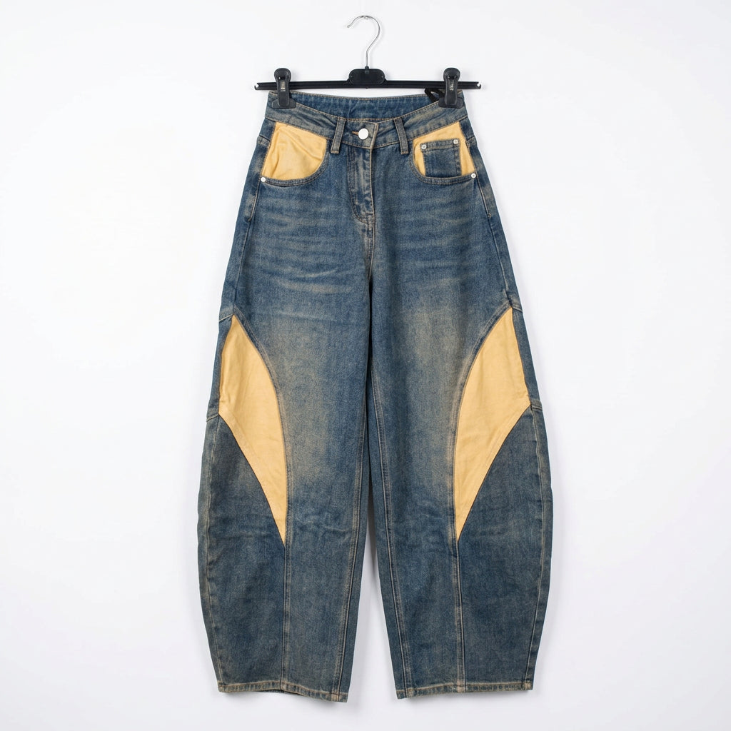 Jeans barrel con inserti gialli