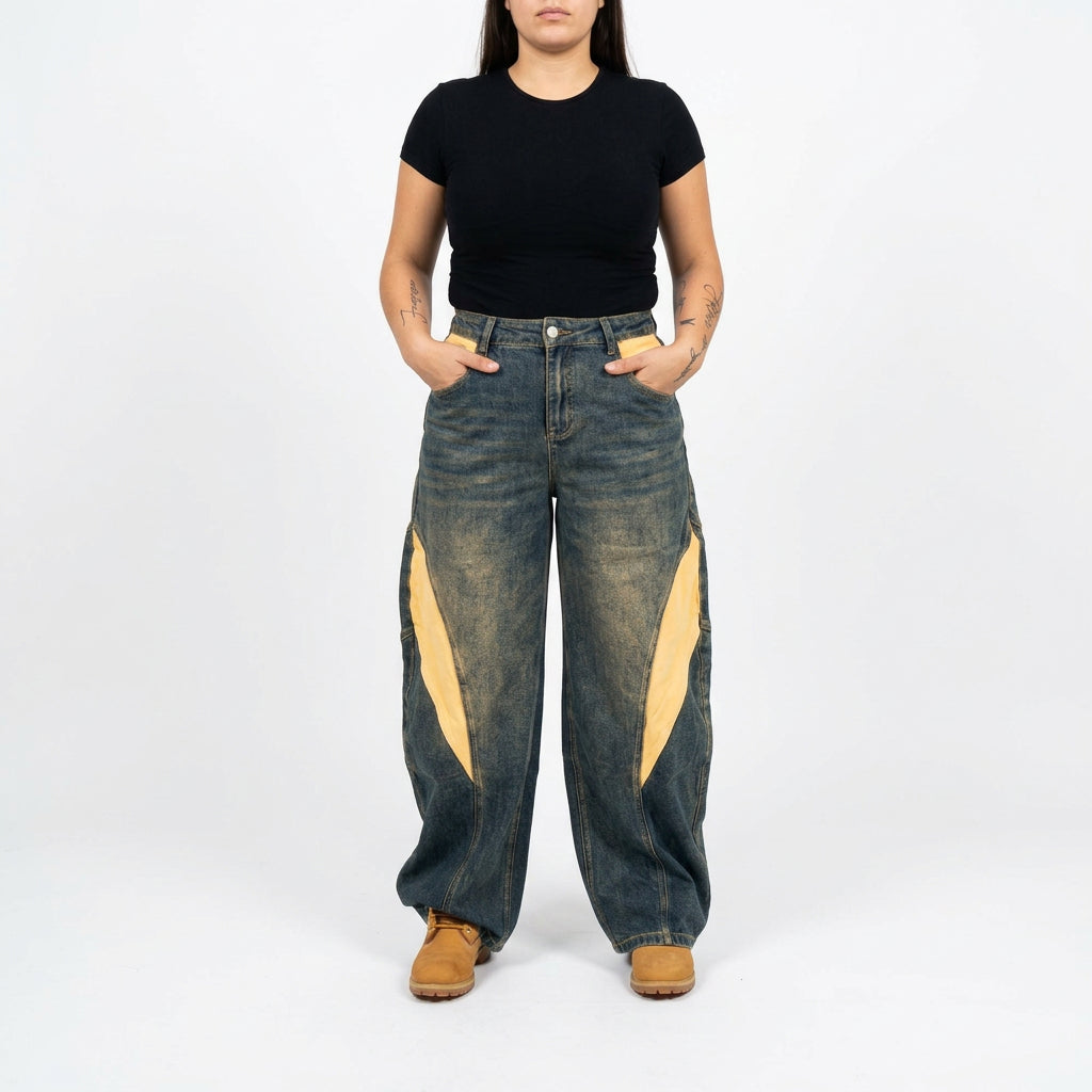 Jeans barrel con inserti gialli