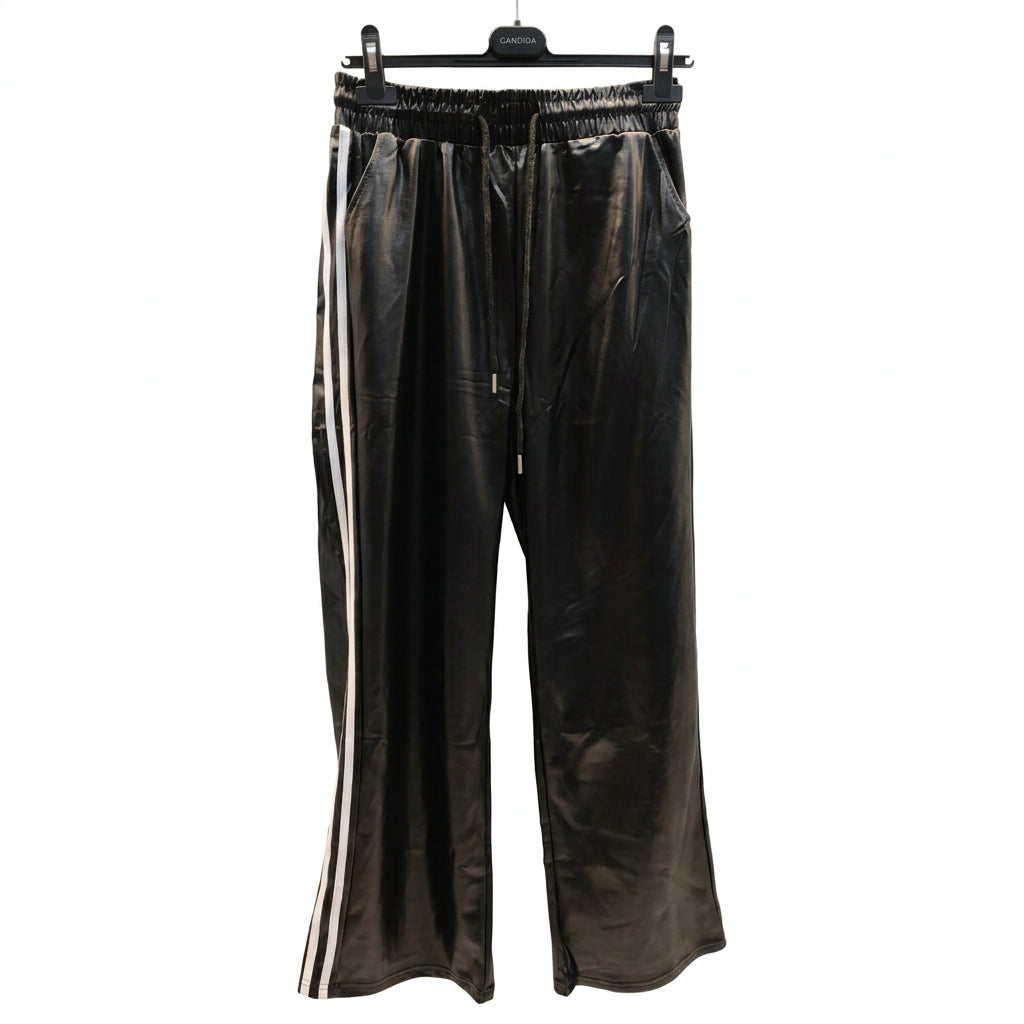 Pantalone nero lucido con bande laterali